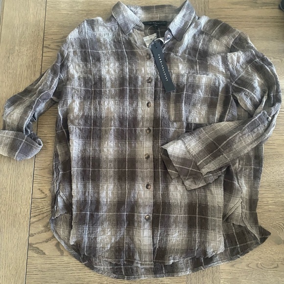 Jane and Delancey Brown and White Plaid Blouse - Picture 1 of 4